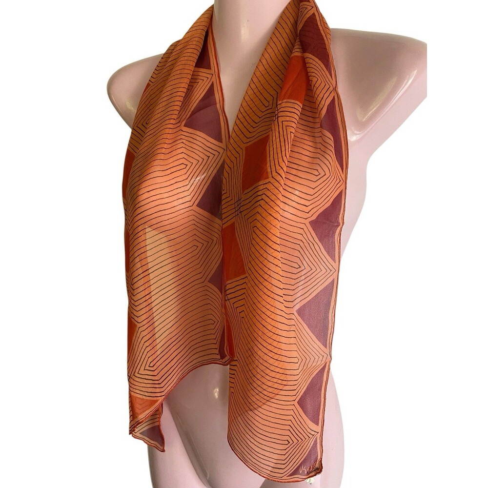 Vintage Vera Neumann Scarf  Silk Geometric Orange Maroon Black Sheer MCM Japan - Picture 3 of 4